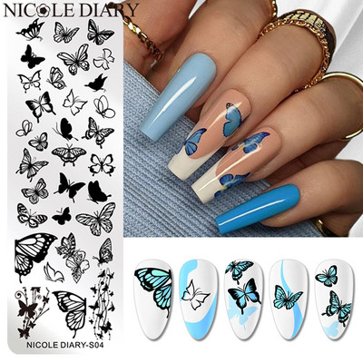 NICOLE DIARY Πλάκες σφράγισης νυχιών πεταλούδας Luxury Rose Heart Love Spring Flower Stamping for Nails Template Stencil