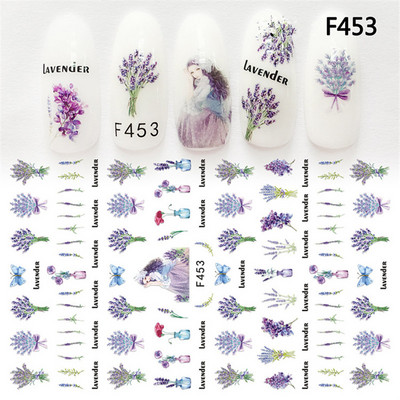 Αυτοκόλλητο με αυτοκόλλητο νυχιών 1 φύλλου F454 Unicorn Lavender Flower Super Thin 3D Διακόσμηση μανικιούρ Περιτυλίγει Συμβουλές νυχιών Decal Νέο σχέδιο