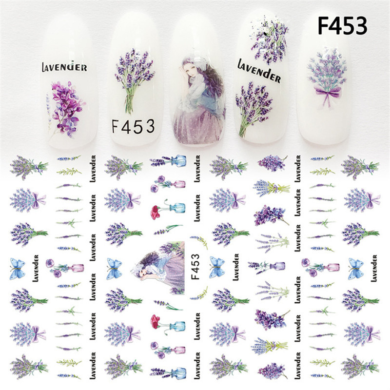 Αυτοκόλλητο με αυτοκόλλητο νυχιών 1 φύλλου F454 Unicorn Lavender Flower Super Thin 3D Διακόσμηση μανικιούρ Περιτυλίγει Συμβουλές νυχιών Decal Νέο σχέδιο