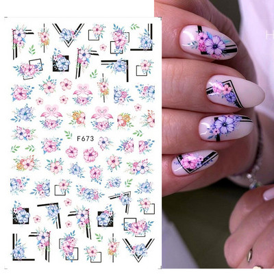 Γεωμετρία Flower Leaf Αυτοκόλλητα νυχιών Glitter Ρετρό Florals Πέταλα ζωγραφισμένα πολύχρωμα ολισθαίνοντα ανοιξιάτικα ανθισμένα με νερό χαλκομανίες μανικιούρ