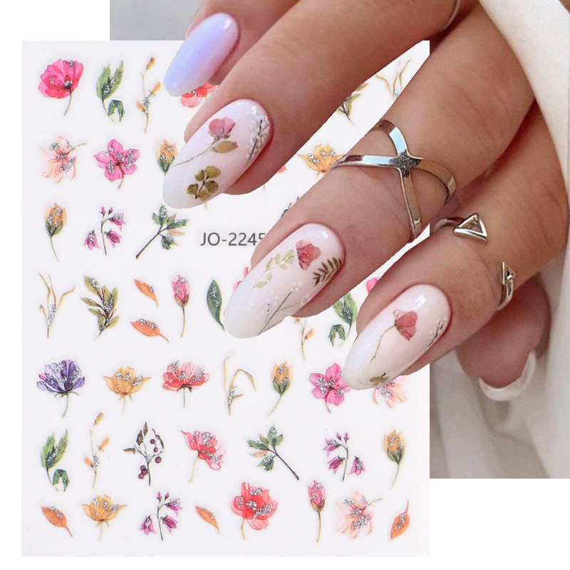Γεωμετρία Flower Leaf Αυτοκόλλητα νυχιών Glitter Ρετρό Florals Πέταλα ζωγραφισμένα πολύχρωμα ολισθαίνοντα ανοιξιάτικα ανθισμένα με νερό χαλκομανίες μανικιούρ