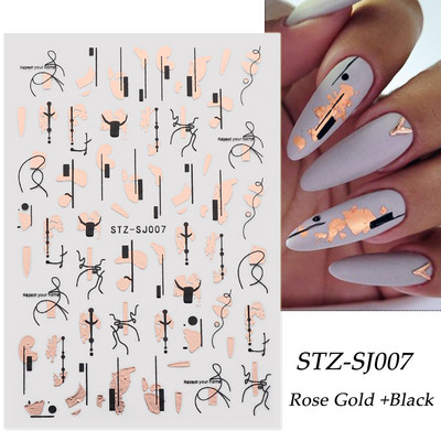 Αυτοκόλλητα νυχιών Graffiti Lines Rose Gold τρισδιάστατο αφηρημένο πρόσωπο με λέιζερ Μαύρα γεωμετρικά φύλλα Χαλκομανίες Σχεδιασμός νυχιών Slider SASTZ-SJ007