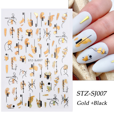 Αυτοκόλλητα νυχιών Graffiti Lines Rose Gold τρισδιάστατο αφηρημένο πρόσωπο με λέιζερ Μαύρα γεωμετρικά φύλλα Χαλκομανίες Σχεδιασμός νυχιών Slider SASTZ-SJ007