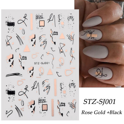 Αυτοκόλλητα νυχιών Graffiti Lines Rose Gold τρισδιάστατο αφηρημένο πρόσωπο με λέιζερ Μαύρα γεωμετρικά φύλλα Χαλκομανίες Σχεδιασμός νυχιών Slider SASTZ-SJ007