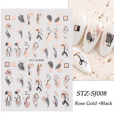 Αυτοκόλλητα νυχιών Graffiti Lines Rose Gold τρισδιάστατο αφηρημένο πρόσωπο με λέιζερ Μαύρα γεωμετρικά φύλλα Χαλκομανίες Σχεδιασμός νυχιών Slider SASTZ-SJ007