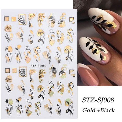 Αυτοκόλλητα νυχιών Graffiti Lines Rose Gold τρισδιάστατο αφηρημένο πρόσωπο με λέιζερ Μαύρα γεωμετρικά φύλλα Χαλκομανίες Σχεδιασμός νυχιών Slider SASTZ-SJ007