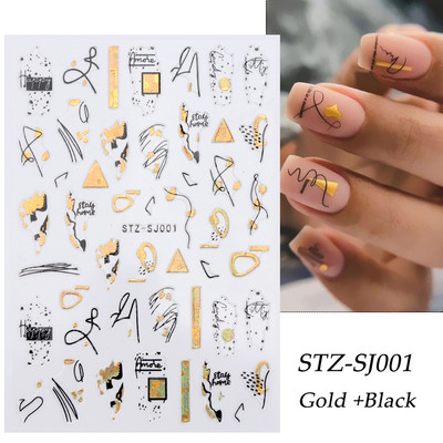Αυτοκόλλητα νυχιών Graffiti Lines Rose Gold τρισδιάστατο αφηρημένο πρόσωπο με λέιζερ Μαύρα γεωμετρικά φύλλα Χαλκομανίες Σχεδιασμός νυχιών Slider SASTZ-SJ007