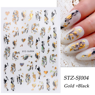 Αυτοκόλλητα νυχιών Graffiti Lines Rose Gold τρισδιάστατο αφηρημένο πρόσωπο με λέιζερ Μαύρα γεωμετρικά φύλλα Χαλκομανίες Σχεδιασμός νυχιών Slider SASTZ-SJ007