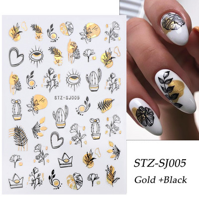 Αυτοκόλλητα νυχιών Graffiti Lines Rose Gold τρισδιάστατο αφηρημένο πρόσωπο με λέιζερ Μαύρα γεωμετρικά φύλλα Χαλκομανίες Σχεδιασμός νυχιών Slider SASTZ-SJ007