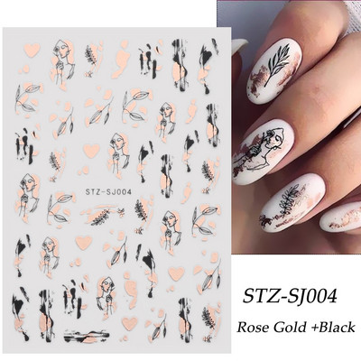 Αυτοκόλλητα νυχιών Graffiti Lines Rose Gold τρισδιάστατο αφηρημένο πρόσωπο με λέιζερ Μαύρα γεωμετρικά φύλλα Χαλκομανίες Σχεδιασμός νυχιών Slider SASTZ-SJ007