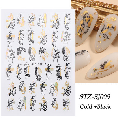 Αυτοκόλλητα νυχιών Graffiti Lines Rose Gold τρισδιάστατο αφηρημένο πρόσωπο με λέιζερ Μαύρα γεωμετρικά φύλλα Χαλκομανίες Σχεδιασμός νυχιών Slider SASTZ-SJ007