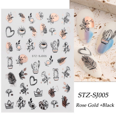 Αυτοκόλλητα νυχιών Graffiti Lines Rose Gold τρισδιάστατο αφηρημένο πρόσωπο με λέιζερ Μαύρα γεωμετρικά φύλλα Χαλκομανίες Σχεδιασμός νυχιών Slider SASTZ-SJ007