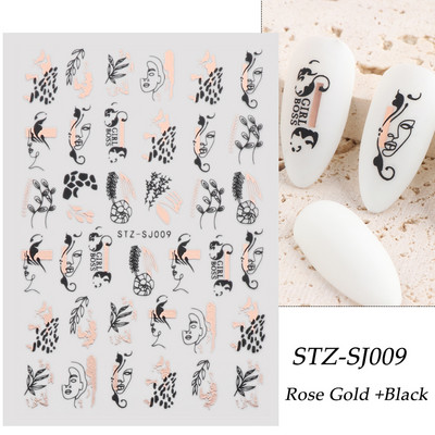 Αυτοκόλλητα νυχιών Graffiti Lines Rose Gold τρισδιάστατο αφηρημένο πρόσωπο με λέιζερ Μαύρα γεωμετρικά φύλλα Χαλκομανίες Σχεδιασμός νυχιών Slider SASTZ-SJ007