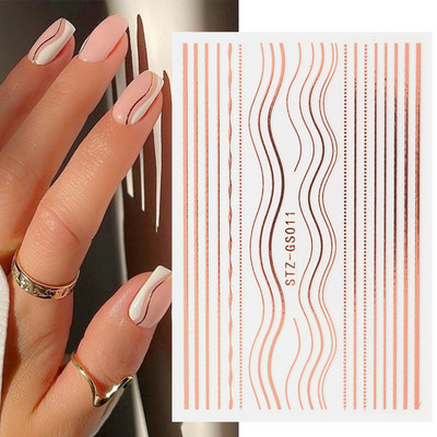 Αυτοκόλλητα νυχιών Graffiti Lines Rose Gold τρισδιάστατο αφηρημένο πρόσωπο με λέιζερ Μαύρα γεωμετρικά φύλλα Χαλκομανίες Σχεδιασμός νυχιών Slider SASTZ-SJ007