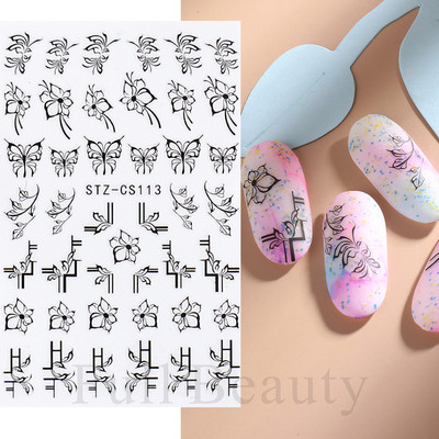 Αυτοκόλλητα νυχιών Graffiti Lines Rose Gold τρισδιάστατο αφηρημένο πρόσωπο με λέιζερ Μαύρα γεωμετρικά φύλλα Χαλκομανίες Σχεδιασμός νυχιών Slider SASTZ-SJ007