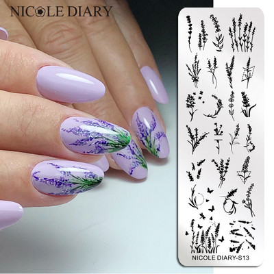 NICOLE DIARY Plăci de ștanțare cu design lavandă Frunze de flori Șabloane de ștampile pentru arta unghiilor florale Geometrie abstractă Stencil cu dungi franceze