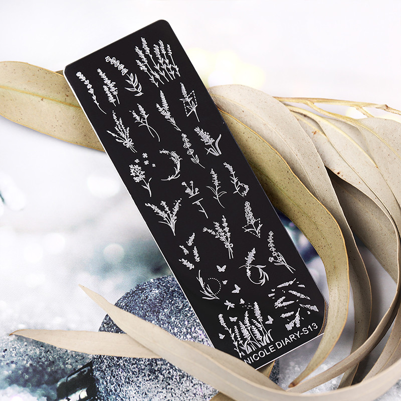 NICOLE DIARY Πλάκες σφράγισης με σχέδιο λεβάντας Φύλλα λουλουδιών Πρότυπα σφραγίδας τέχνης νυχιών με λουλούδια αφηρημένη γεωμετρία στένσιλ γαλλικής ρίγας