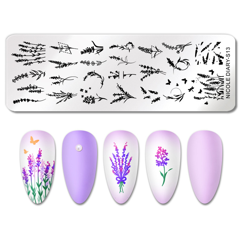 NICOLE DIARY Πλάκες σφράγισης με σχέδιο λεβάντας Φύλλα λουλουδιών Πρότυπα σφραγίδας τέχνης νυχιών με λουλούδια αφηρημένη γεωμετρία στένσιλ γαλλικής ρίγας