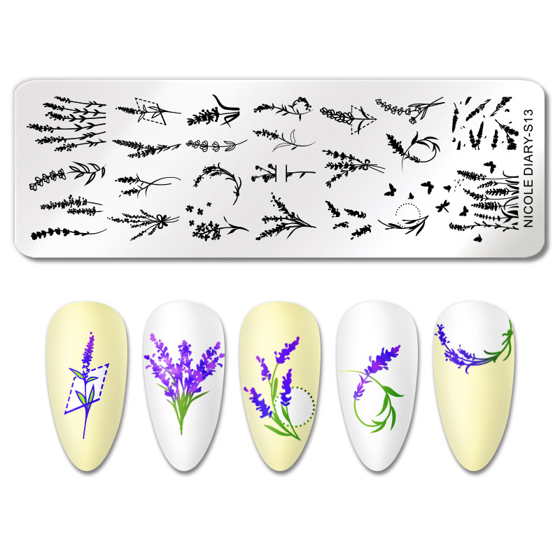NICOLE DIARY Πλάκες σφράγισης με σχέδιο λεβάντας Φύλλα λουλουδιών Πρότυπα σφραγίδας τέχνης νυχιών με λουλούδια αφηρημένη γεωμετρία στένσιλ γαλλικής ρίγας