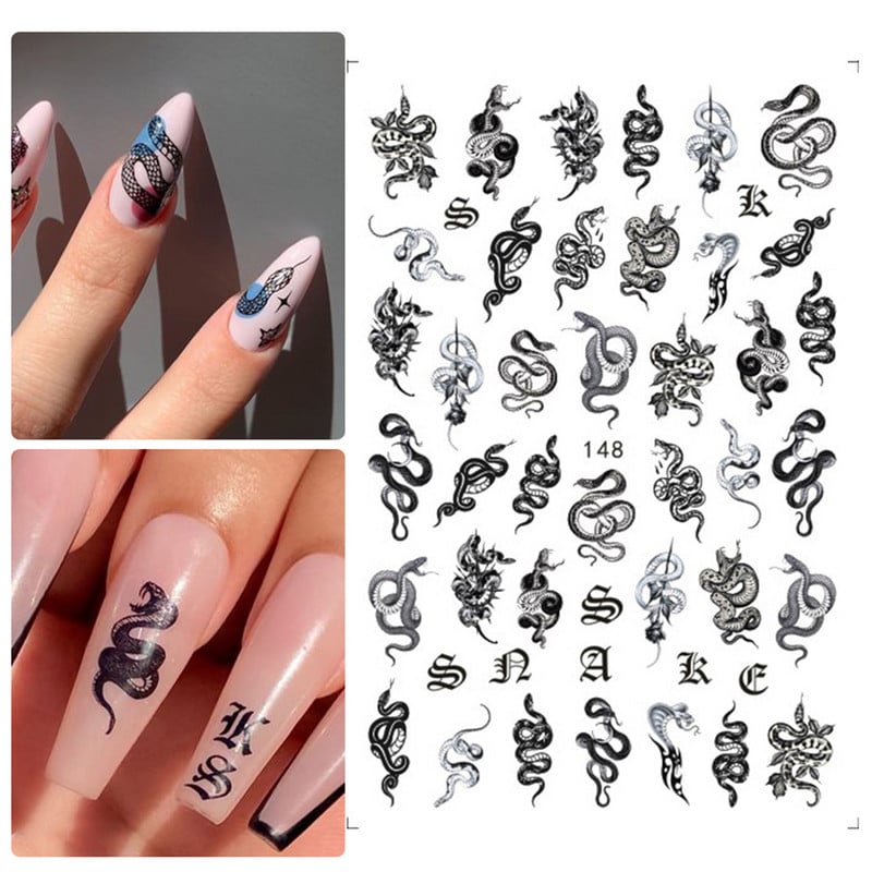 Nails Art Decoration Αυτοκόλλητα συρόμενα αυτοκόλλητα νυχιών τρισδιάστατα μαύρα αυτοκόλλητα νυχιών σε γοτθικό στυλ Dragon Snake