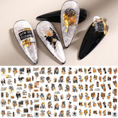 Αυτοκόλλητα με αυτοκόλλητα καρφιά με φύλλα λουλουδιών 3D ολογραφικό μαύρο χρυσό με σπινθηροβόλο αφηρημένο σχέδιο προσώπου Bee Beauty Nails