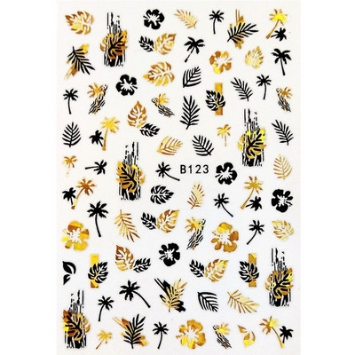 Αυτοκόλλητα με αυτοκόλλητα καρφιά με φύλλα λουλουδιών 3D ολογραφικό μαύρο χρυσό με σπινθηροβόλο αφηρημένο σχέδιο προσώπου Bee Beauty Nails