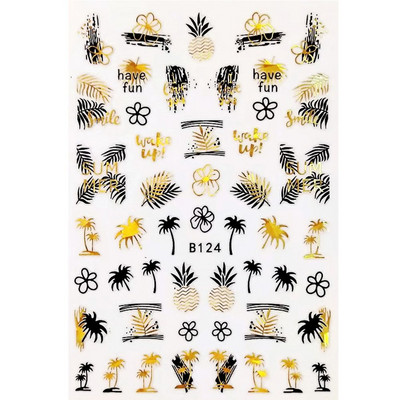 Αυτοκόλλητα με αυτοκόλλητα καρφιά με φύλλα λουλουδιών 3D ολογραφικό μαύρο χρυσό με σπινθηροβόλο αφηρημένο σχέδιο προσώπου Bee Beauty Nails