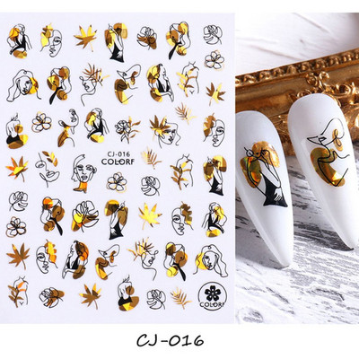 Αυτοκόλλητα με αυτοκόλλητα καρφιά με φύλλα λουλουδιών 3D ολογραφικό μαύρο χρυσό με σπινθηροβόλο αφηρημένο σχέδιο προσώπου Bee Beauty Nails