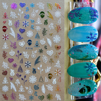 Χρυσό λέιζερ Λευκό Χριστουγεννιάτικο αυτοκόλλητο νυχιών 5D ολογραφικές νιφάδες χιονιού Santa Geometry Line Letter DIY Sliders μανικιούρ BEF712-719