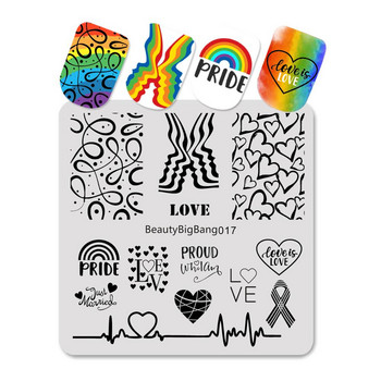 BeautyBigBang 6*6cm Nail Art Plate Heartbeat Theme For Manicure LGBT Pride Homosexual Love Rainbow Square Nail Stamping Plates