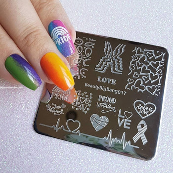 BeautyBigBang 6*6cm Nail Art Plate Heartbeat Theme For Manicure LGBT Pride Homosexual Love Rainbow Square Nail Stamping Plates