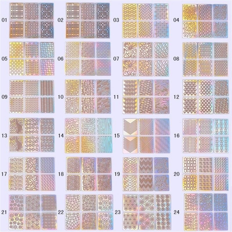 6/12/24 Φύλλα/σετ Hollow 3D laser αυτοκόλλητο DIY Nail Art Stencil Gel Polish Οδηγός μεταφοράς μύτης βινυλίου Πρότυπο Αυτοκόλλητα νυχιών