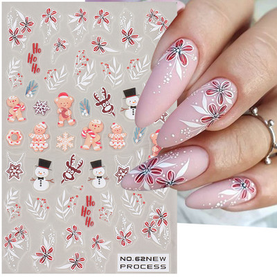 Sărbători Crăciun Nail Design Frunze Floare Gingerbread Man Charms Sliders 3D Nail Art Stickers Iarna Elk Folii pentru manichiură SANO-62