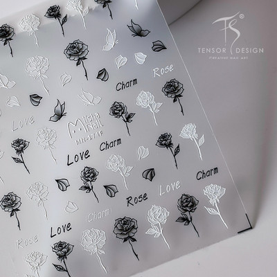 Akril gravírozott köröm matrica rózsaszín virágok fehér vonal öntapadó köröm transzfer csúszkák pakolások manikűr fóliák Z0662