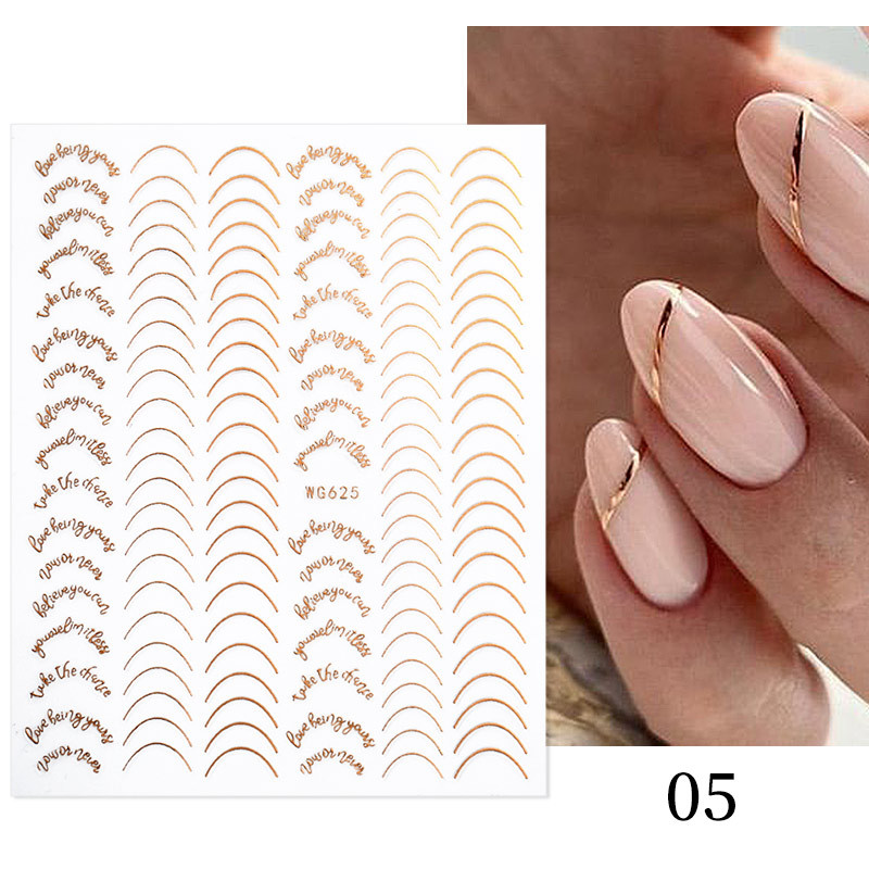 Francia Nail Line Art matrica matricák fém ezüst vonal betűk rózsa arany 3D öntapadó köröm matricák íves köröm csúszkák barkácsolás