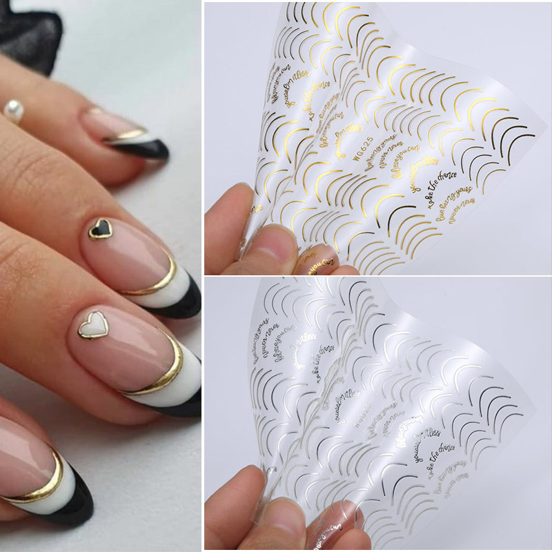 Francia Nail Line Art matrica matricák fém ezüst vonal betűk rózsa arany 3D öntapadó köröm matricák íves köröm csúszkák barkácsolás
