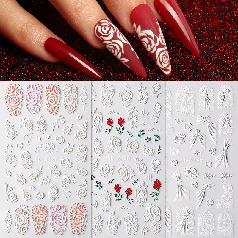 1 db 5D körömmatrica fehér rózsaszín rózsa dombornyomott virágmintás öntapadó csúszó körömmatricák barkácsolás körömdíszítés