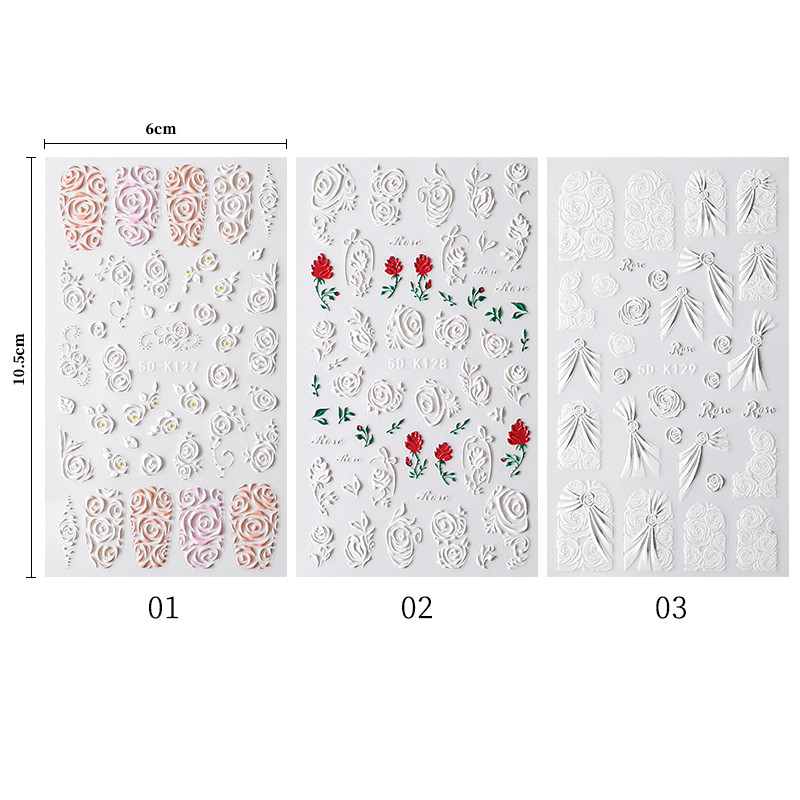 1 db 5D körömmatrica fehér rózsaszín rózsa dombornyomott virágmintás öntapadó csúszó körömmatricák barkácsolás körömdíszítés