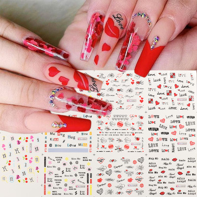 Αυτοκόλλητα νυχιών με αυτοκόλλητα Αγίου Βαλεντίνου Red Love Heart Έρως τόξο Βέλος Αυτοκόλλητο συρόμενο γράμματα Διακόσμηση νυχιών για μανικιούρ LEBN