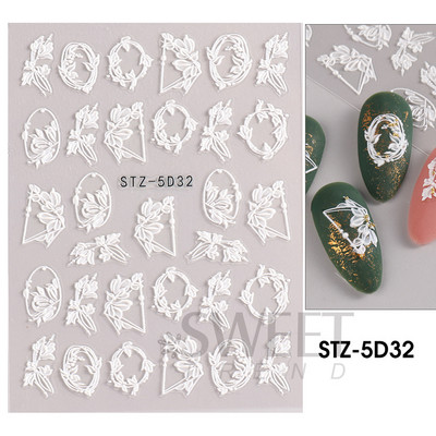5D απλά αυτοκόλλητα νυχιών με ανάγλυφο λουλούδι Snowdrop Tulip Lace Κομψό συρόμενο σχέδιο γάμου με χαραγμένο DIY ντεκόρ νυχιών SLSTZ-5D30
