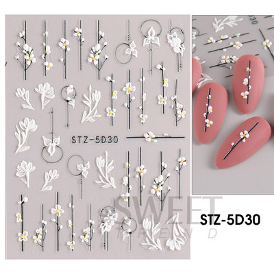 5D απλά αυτοκόλλητα νυχιών με ανάγλυφο λουλούδι Snowdrop Tulip Lace Κομψό συρόμενο σχέδιο γάμου με χαραγμένο DIY ντεκόρ νυχιών SLSTZ-5D30