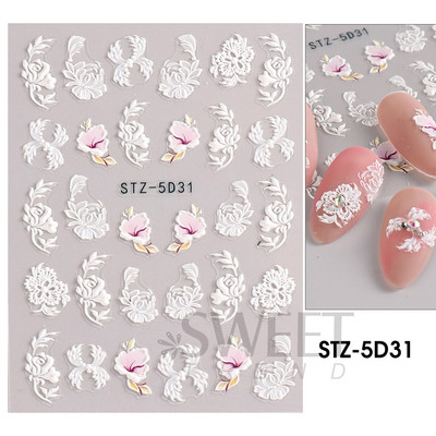 5D απλά αυτοκόλλητα νυχιών με ανάγλυφο λουλούδι Snowdrop Tulip Lace Κομψό συρόμενο σχέδιο γάμου με χαραγμένο DIY ντεκόρ νυχιών SLSTZ-5D30