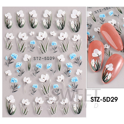 5D απλά αυτοκόλλητα νυχιών με ανάγλυφο λουλούδι Snowdrop Tulip Lace Κομψό συρόμενο σχέδιο γάμου με χαραγμένο DIY ντεκόρ νυχιών SLSTZ-5D30