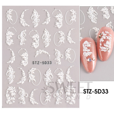 5D απλά αυτοκόλλητα νυχιών με ανάγλυφο λουλούδι Snowdrop Tulip Lace Κομψό συρόμενο σχέδιο γάμου με χαραγμένο DIY ντεκόρ νυχιών SLSTZ-5D30