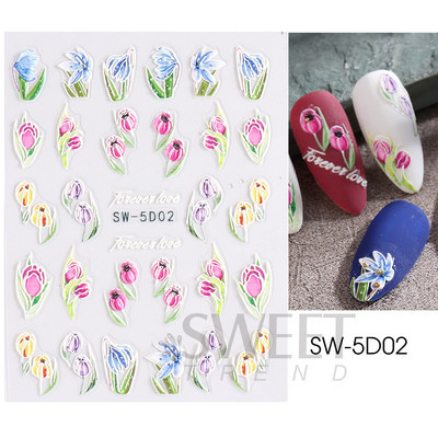 5D απλά αυτοκόλλητα νυχιών με ανάγλυφο λουλούδι Snowdrop Tulip Lace Κομψό συρόμενο σχέδιο γάμου με χαραγμένο DIY ντεκόρ νυχιών SLSTZ-5D30