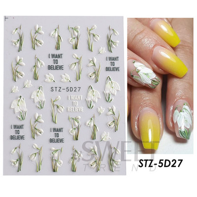 5D απλά αυτοκόλλητα νυχιών με ανάγλυφο λουλούδι Snowdrop Tulip Lace Κομψό συρόμενο σχέδιο γάμου με χαραγμένο DIY ντεκόρ νυχιών SLSTZ-5D30