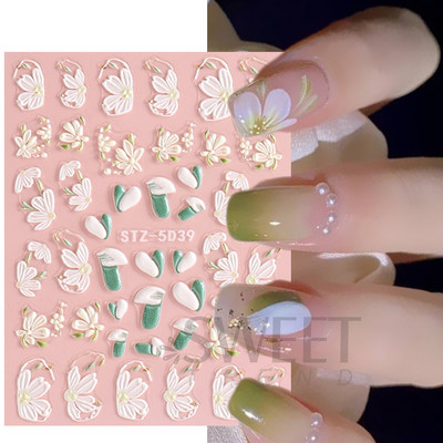 5D απλά αυτοκόλλητα νυχιών με ανάγλυφο λουλούδι Snowdrop Tulip Lace Κομψό συρόμενο σχέδιο γάμου με χαραγμένο DIY ντεκόρ νυχιών SLSTZ-5D30