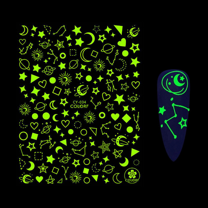 3D fluoreszkáló láng körömragasztó matricák világító csillagok galaxis szív pillangó neonzöld manikűr csúszkák sötétben BECY028-36