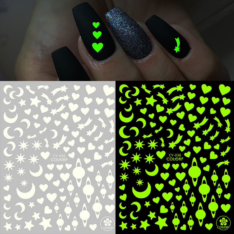 3D fluoreszkáló láng körömragasztó matricák világító csillagok galaxis szív pillangó neonzöld manikűr csúszkák sötétben BECY028-36