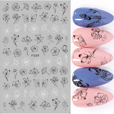 1 lap fekete-fehér 3D körömdísz matricák csúszkák virágok levelek mandala levél geometria ragasztó köröm matricák fólia kialakítás